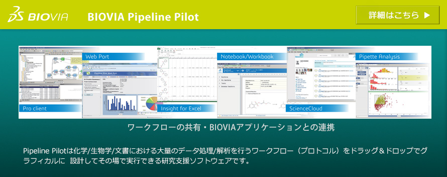 Pipeline Pilotは化学/生物学/文書における大量のデータ処理/解析を行うワークフロー（プロトコル）をドラッグ＆ドロップでグラフィカルに  設計してその場で実行できる研究支援ソフトウェアです。
